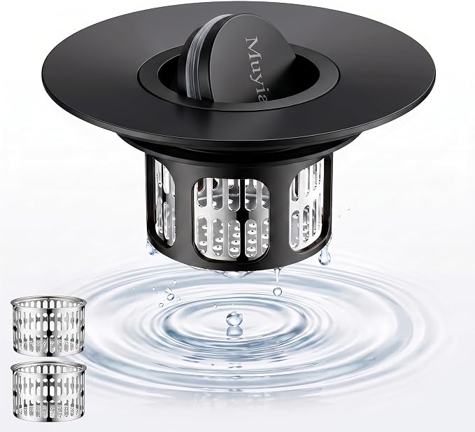 3-in-1 Flip-Cover Bathtub Drain Stopper, Muyiajou, Flush Design, Flip-Cover (No Springs), 2 Strainers, Fits 1.4"-2.6" Drains, Rustproof, Tool-Free（Black）
