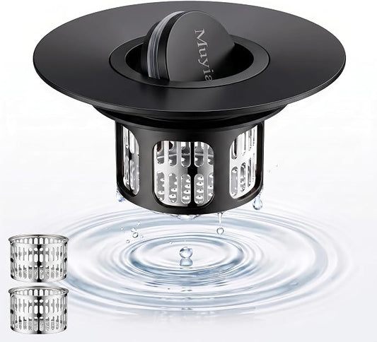 3-in-1 Flip-Cover Bathtub Drain Stopper, Muyiajou, Flush Design, Flip-Cover (No Springs), 2 Strainers, Fits 1.4"-2.6" Drains, Rustproof, Tool-Free（Black）
