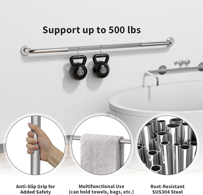 2 Pack Shower Grab Bar 48 Inch, ZUXET Brushed Nickel Extra Long Handicap Grab Bar w/Knurled Grip, Stainless Steel Bathroom Handrail for Toilet Shower Bathtub, Anti-Slip Support Bar for Seniors Elderly