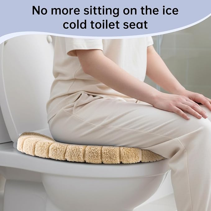 Toilet Seat Cover with Snaps Fixed,Thick Warmer,Machine Washable(beige) | soft thicker warm,easy to install,stretchable,non slip pad,stay in place,universal size,fit most toilet,reusable portable