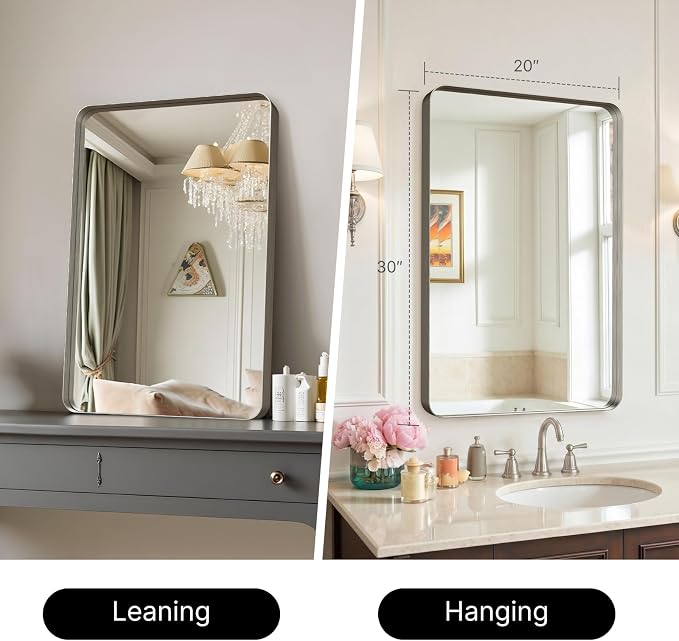 Kosmonia 30"x20" Bathroom Mirror, Large Brushed Nickel Vanity Mirror | Rounded Rectangle, Anti-Rust Wall Mounted, Aluminum Frame, Tempered Glass, Hangs Horizontally or Vertically