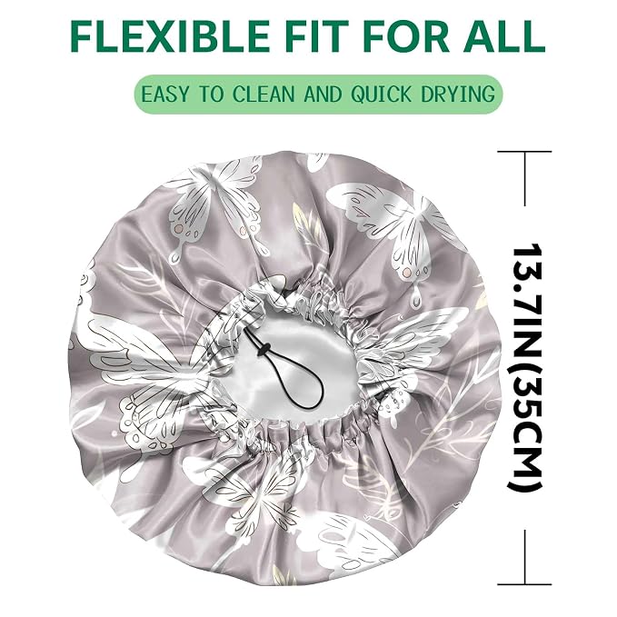 2 PCS Shower Cap Waterproof Double Layer Elastic Adjustable Reusable Hair Bath Caps for Girls Women Cute Aesthetic-Grey