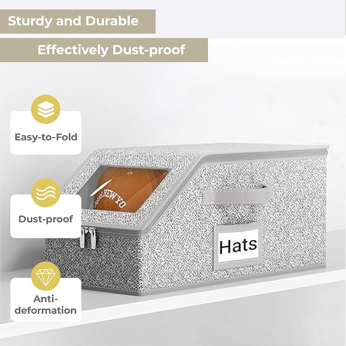 3 Pack Hat Organizer Box for Women & Men, Foldable Storage Box with Clear Lid for Baseball, Cowboy Caps, Stackable Clear Hat Organizer, Store up to 42 Caps, Grey