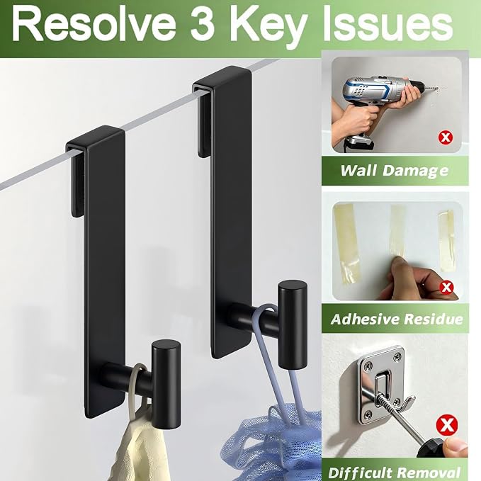 Shower Door Hooks, Heavy Duty Rack Hooks for Robe, Stainless Steel Towel Hooks for Bathroom, Fits Frameless Glass Shower Doors up to 3/8" (10mm) Thick (Black, 2 Pack)
