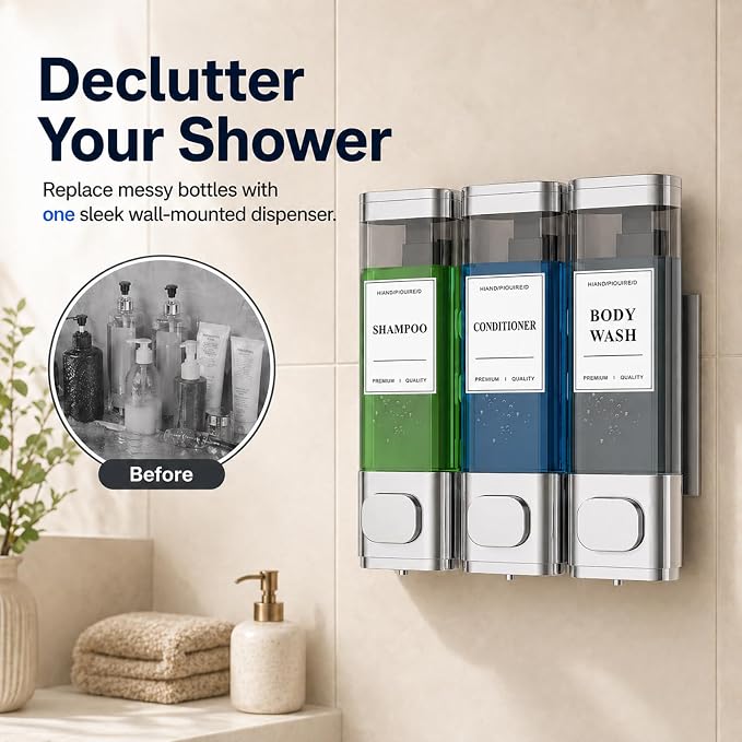 Shampoo and Conditioner Dispenser – Wall-Mounted Shower Soap Dispenser, No-Drill Installation, Lockable, 900 ml Capacity,for Bathroom & Hotel or Airbnb (Electroplated Silver, 3-Pack)