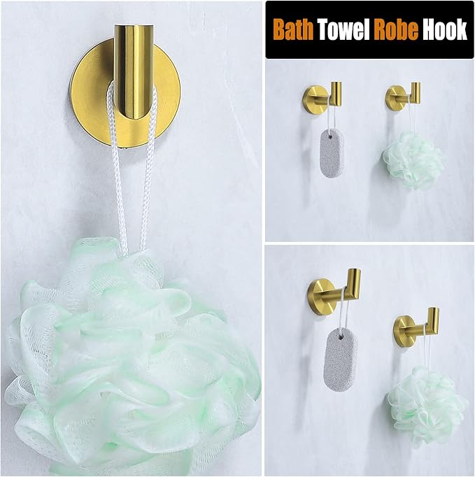 2 Pack Bath Towel Hook, Gold Robe Hook Stainless Steel Bathroom Clothes Coat Hook Wall Mounted Brushed Gold,96018-8BG.