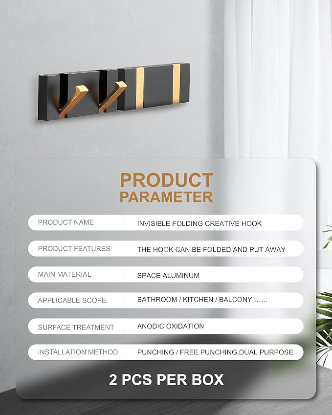 2 Pack，Waterproof Black Gold Wall Hooks，Foldable Towel Hooks for Bathrooms，Coat Hooks Wall Mounted，Free Perforated，Modern Coat Hooks，Bathroom Towel Hooks，Towel Door Hooks，Also for Balcony，Kitchen.