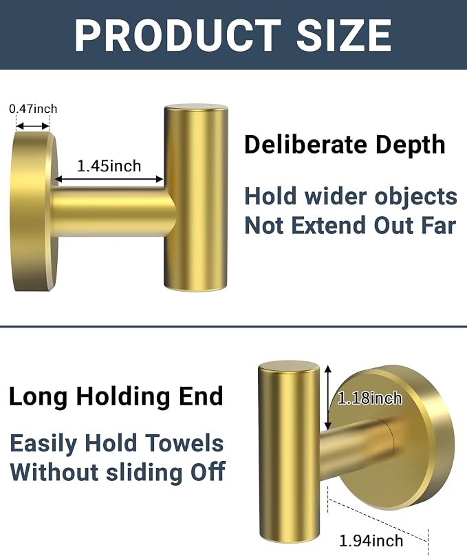 RARXTR Bathroom Towel Hook, Coat Robe Clothes Hook for Kitchen Garage Wall Mounted, 304 Stainless Steel, Heavy Duty Door Hanger, Cabinet Closet Wall Hook for Hotel Pool (Brushed Gold, 4 Pack)