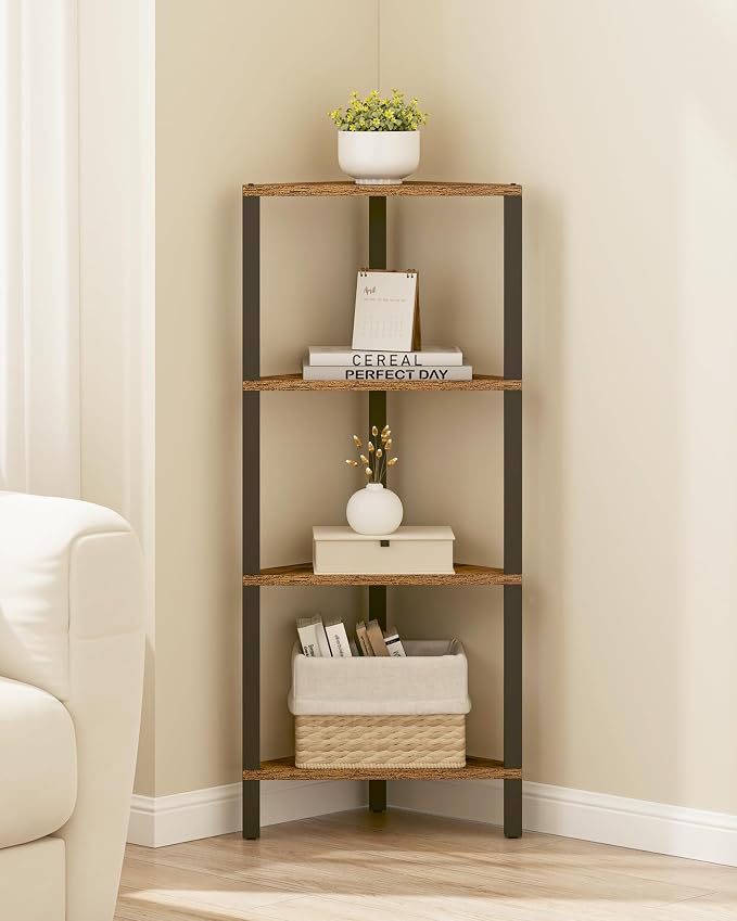 TUTOTAK Corner Shelf, 4-Tier Corner Bookshelf for Small Space, Narrow Display Corner Shelf Stand with Storage Rack, for Living Room, Bedroom, Rustic Brown BS05BB004