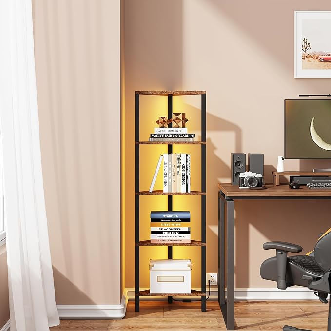 TUTOTAK Corner Shelf with LED Light, 5-Tier Corner Bookshelf for Small Space, Narrow Display Corner Shelf Stand with Storage Rack, for Living Room, Bedroom, Rustic Brown BS05BB005L