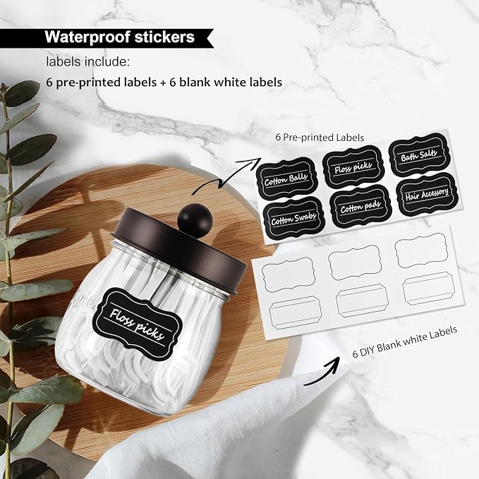 SheeChung 6 Pack Acrylic Mason Jar Qtip Holder Dispenser with Labels,Bronze | Small Plastic Apothecary Jars,Vanity Canisters for Cotton Swabs,Balls,Floss Picks,Bathroom Storage Organizers,Farmhouse Decor