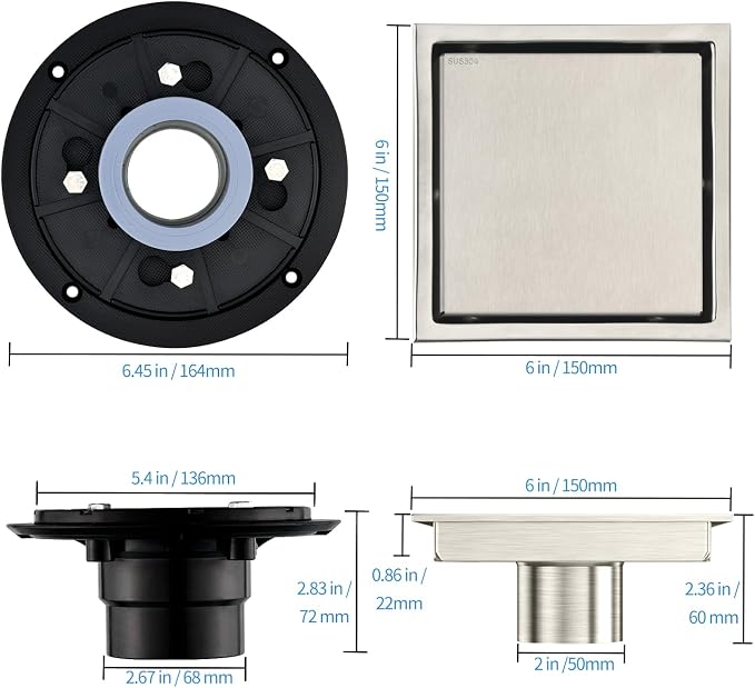 6-Inch Square Shower Drain, Brushed Nickel Floor Drain with Flange, 304 Stainless Steel Bathroom 2-in-1 Tile Drain