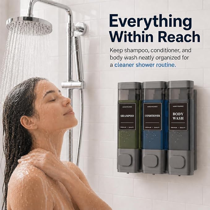 Shampoo and Conditioner Dispenser – Wall-Mounted Shower Soap Dispenser, No-Drill Installation, Lockable, 900 ml Capacity,for Bathroom & Hotel or Airbnb (Gun Gray, 3-Pack)