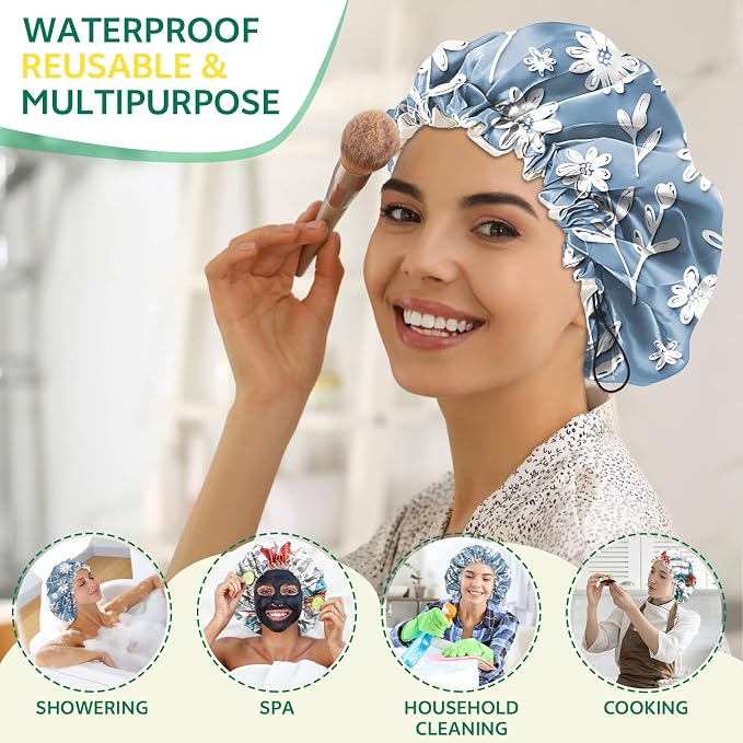 2 PCS Shower Cap Waterproof Double Layer Elastic Adjustable Reusable Hair Bath Caps for Girls Women Cute Aesthetic-Butterfly Flowers