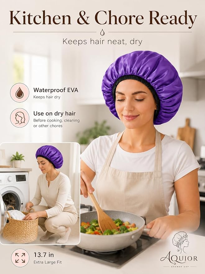 Aquior Shower Cap,Extra Large Triple Layer Bathing Cap with Dry Hair Function for Women Microfiber Terry Cloth Silky Satin 100% Waterproof Reusable Long Hair Bath Caps (Purple)