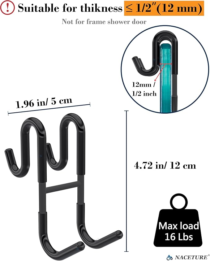 NACETURE Double Shower Door Hooks - Shower Hook Over The Door Towel Hook for Frameless Glass, Bathroom Hooks for Squeegee Rack, Robe, Organize (Black 2 Pack)