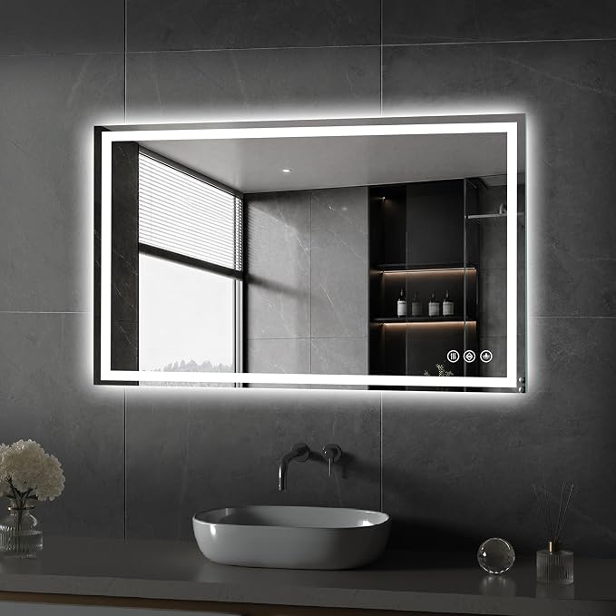 Koonmi 42x24 LED Bathroom Mirror with Light, Anti-Fog, 3 Colors | Backlit + Front Lit, Dimmable Brightness, Shatterproof HD Distortion-Free Tempered Glass, Hardware Included