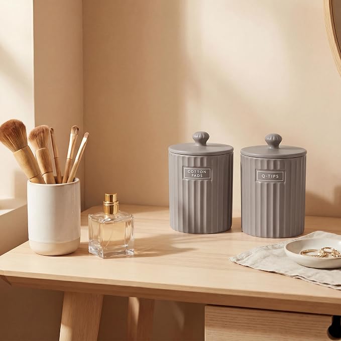 Ronasip Ceramic Bathroom Organizer and Storage Jars with Lid, 2 Pack Qtip Holder and Cotton Pad Dispenser, Apothecary Canisters for Vanity, Kitchen Countertop, Home Decor (2, Gray)