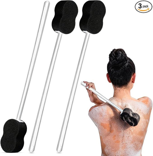 3 Pcs Long Handle Bath Sponge 22.4'' Back Sponge on a Stick Lightweight Back Washer Handled Butt Scrubber Shower Brush for Foot Body Cleaning Bathing Limited Motion (Black)