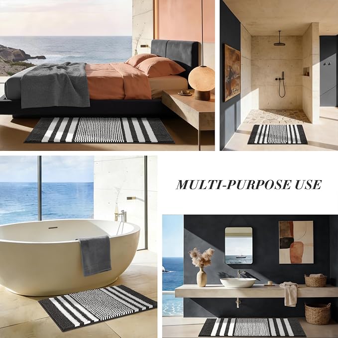 Large Bathroom Rugs, 24x36 Chenille Bath Mats, Dark Grey | Extra Soft Absorbent, Non Slip Striped, Quick Dry Machine Washable, Modern, Shower Rug for Bathroom Bedroom Decor