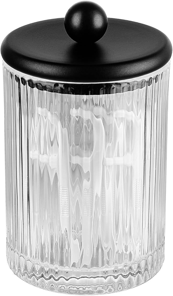 SheeChung 1 Pack Ribbed Glass Qtip Holder with Black Metal Lids | Apothecary Jars Bathroom Organizer Countertop Vanity Canister Set for Cotton Swabs, Rounds, Floss Picks-Modern Luxury Decor