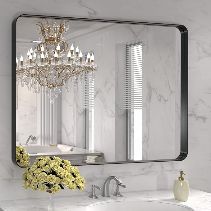 LOAAO 40X30 Inch Black Bathroom Mirror Metal Framed | Matte Black, Rounded Rectangle, Anti-Rust, Tempered Glass, Hangs Horizontally or Vertically