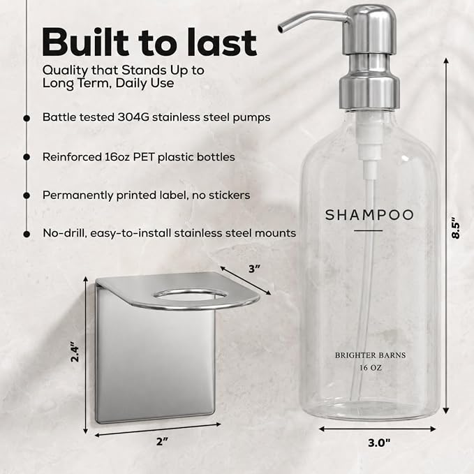 Clear Shampoo and Conditioner Dispenser Set Wall Mounted by Brighter Barns - Wall Mounted Shower Shampoo Dispenser for Shower Wall - Refillable Shower Soap Bottles 3 Chamber No Drill (Clear/Silver)