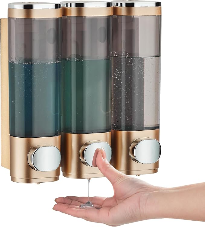 Pollock Shower Soap Dispenser No Drill 3 Chamber*300ML,Gold | Shampoo and Conditioner Dispenser Wall Mounted,Shampoo Body Wash Conditioner for Bathroom Large Capacity