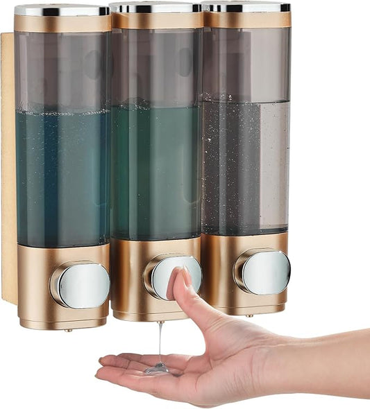 Pollock Shower Soap Dispenser No Drill 3 Chamber*300ML,Gold | Shampoo and Conditioner Dispenser Wall Mounted,Shampoo Body Wash Conditioner for Bathroom Large Capacity