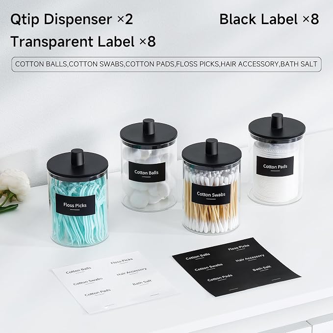 Glass Qtip Holder Dispenser - 10 oz Clear Canister Apothecary Jar, Bathroom Vanity Storage Organizer Set for Cotton Swabs, Pads, Floss Picks, Small Containers for Makeup Storage (2 Pack, Black)