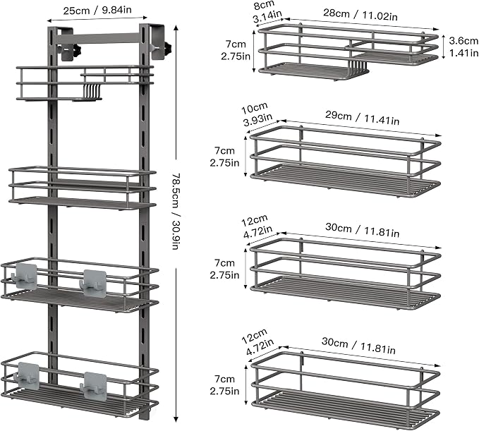 Orimade Over The Door Shower Caddy Adjustable 4 Tier Dark Grey,Bathroom Hanging Organizer Shelf Rustproof with 4 Hooks,Shower Basket with Soap Holder and Suction Cup