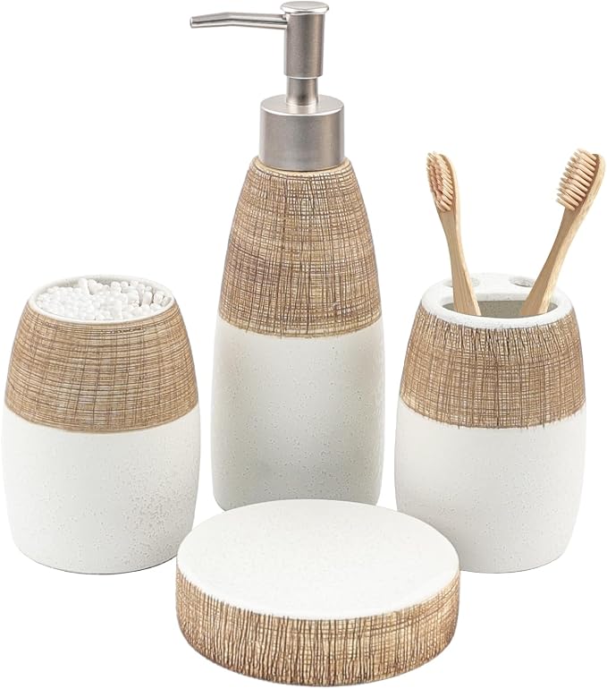 CERBIOR Bathroom Accessories Set,4 PCS Ceramic Bath Accessory,Brown White | Includes Toothbrush Holder, Toothbrush Cup, Soap Dish for Decorative Countertop and Housewarming Gift