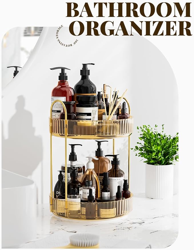 Bathroom Organizer Countertop, Rotating Makeup Organizer for Vanity, 2-Tier Make Up Organizers and Storage, Vanity Tray Shelf for Cosmetic, Skin Care, Lotions (Champagne Gold)