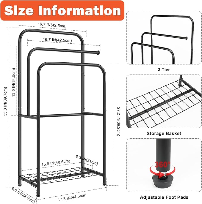 Towel Racks for Bathroom, 35" H Standing Towel Holder 3 Tier Metal Pool Towel Hanger Outdoor Floor with Storage Shelves for Blanket Bath Towel Drying (Matte Black)