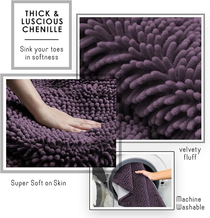 Hearth & Harbor Bathroom Rugs, Chenille Bath Mat - Machine Washable Bath Mats for Bathroom Non-Slip Backing Rubber, Quick Dry Bathroom Mat - Purple 17x24-20x24