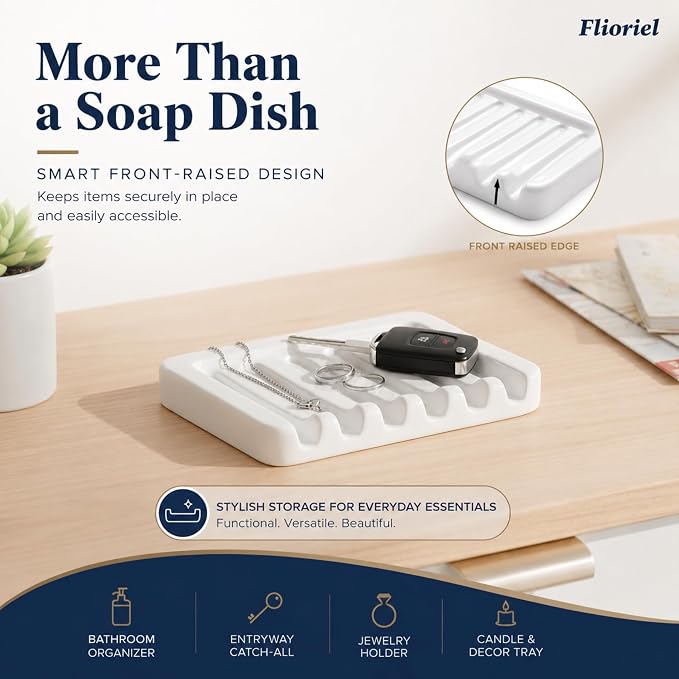 Ceramic Soap Dish Self Draining Soap Holder Bathroom Sink | White Porcelain Soap Tray Self Draining Keeps Soap Dry Anti Slip Silicone Pads Easy Clean Modern Minimalist Bathroom Shower