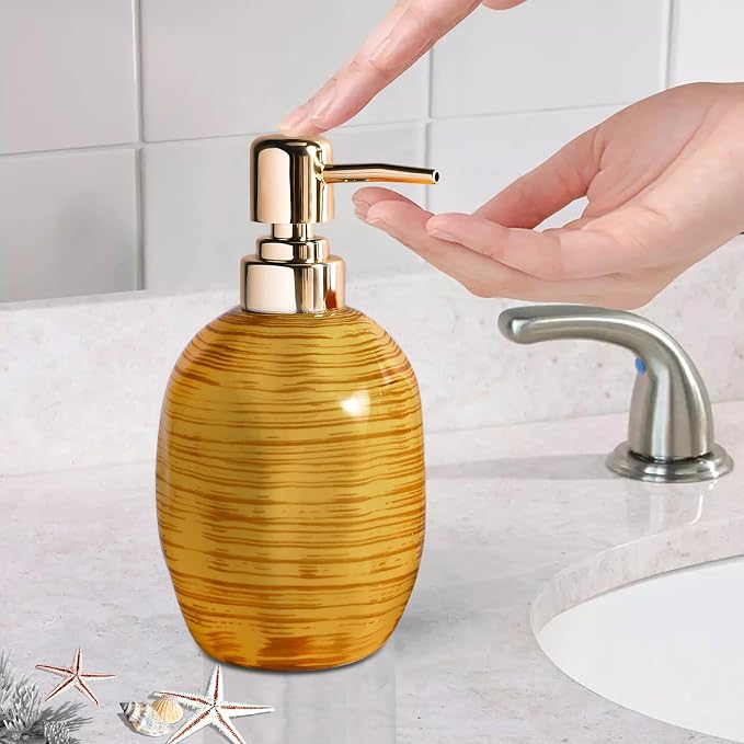 Bathroom Accessories Set, 3 Pcs Marble Look Bath Set Soap Dispenser & Toothbrush Holder Set, Counter Top Restroom Apartment Decor Stuff, Ceramic Kits, Unique Gift, Yellow
