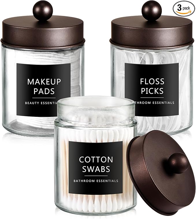 SheeChung 3 Pack Glass Qtip Holder with Bronze Stainless Steel Lids | Apothecary Jars with Stickers, Countertop Canister Guest Bathroom Storage Organizer Set for Cotton Swabs/Balls, Floss Picks