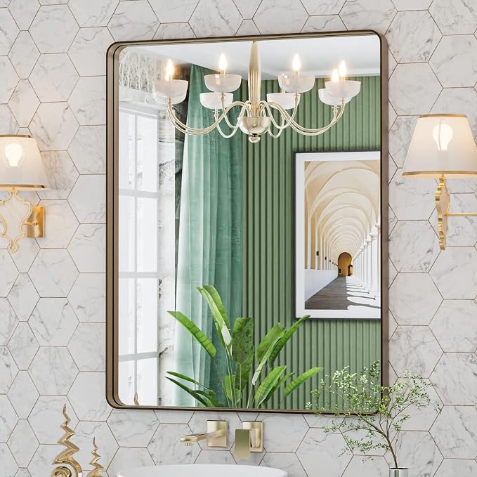 LOAAO 28"X36" Bronze Bathroom Mirrors | Rounded Rectangle, Brushed Bronze Metal Frame, Anti-Rust, Hangs Horizontally or Vertically