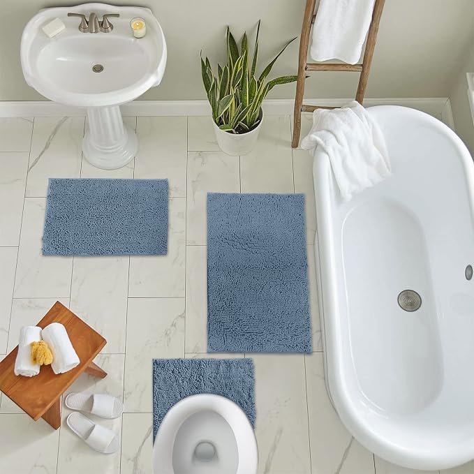 LuxUrux 3-Piece Bathroom Rug Set – Plush Chenille Bath Mats & U-Shaped Toilet Mat, Ultra-Soft, Absorbent & Non-Slip (20x20 U, 16x24 & 20x30 inches, Sky Blue)