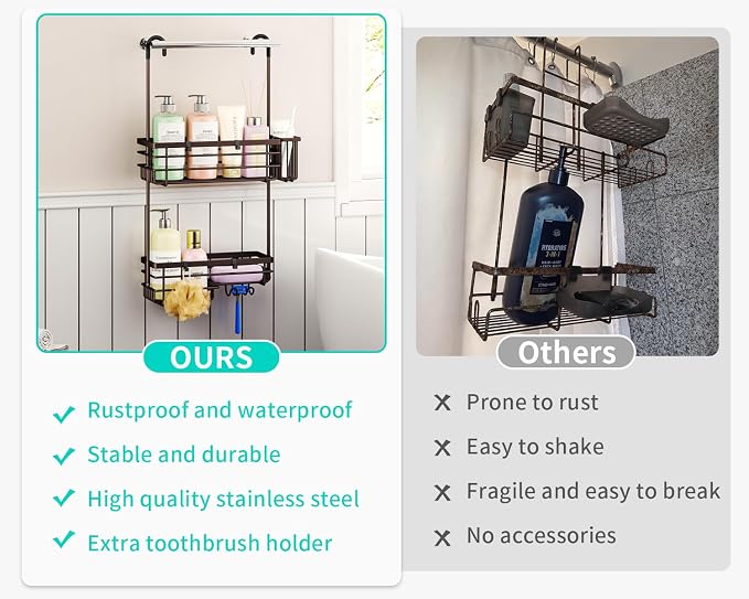 HapiRm Hanging Shower Caddy Organizer - No Drilling Shower Shelves with Hooks and Toothbrush Holder, Rustproof 304 Stainless Steel Bathroom Organizer - Bronze
