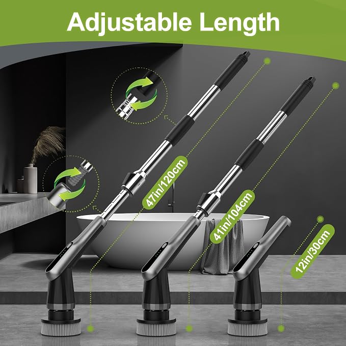 Electric Spin Scrubber, Cordless IPX7 Waterproof, Dual Speed Shower Scrubber with Adjustable Long Handle, 7 Replaceable Brush Heads for Bathroom, Bathtub, Tile Floor, Toilet, Kitchen & Car