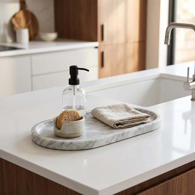 YKAJO Carrara White Gray Oval Marble Tray, 11.8x5.9 Perfume Organizer Dish | Honed natural stone; holds jewelry, rings, keys, candles, trinkets; for dresser, nightstand, bath counter