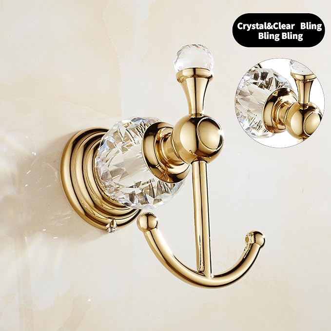 Crystal Gold Towel Hook, Gold Bathroom Robe Hook, Coat Rack Hanger Heavy Sturdy Double Towel Hooks Bath Farmhouse Clothes Hook Wall Mounted Modern for Bathroom Kitchen Washroom