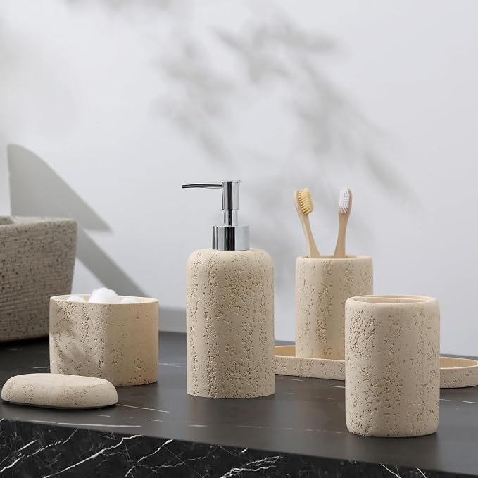 Bathroom Accessories Set, 5PCS, Travertine Stone Look, Yellow | Modern Bathroom Accessory Set with 13.53OZ Soap Dispenser, Mouthwash Cup, Toothbrush Holder, Qtip Holder, Vanity Tray