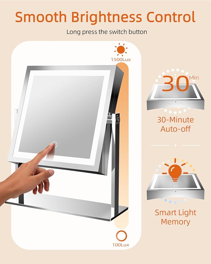 Ruacq Makeup Mirror with Lights, Dual Sided 1X/10X, Chrome | 8",4000mAh Rechargeable, Magnifying Mirror with 3 Color Lights,Touch Control Dimmable, 360° Rotation, Square, Gift for Women