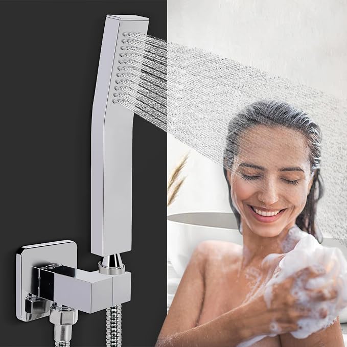 NearMoon Wall Supply Elbow with Handheld Shower Holder - Square Shower Bracket with Flange G1/2 Shower Hose Connector, Wall Mounted Drop Union Male Water Outlet (Chrome Finish)