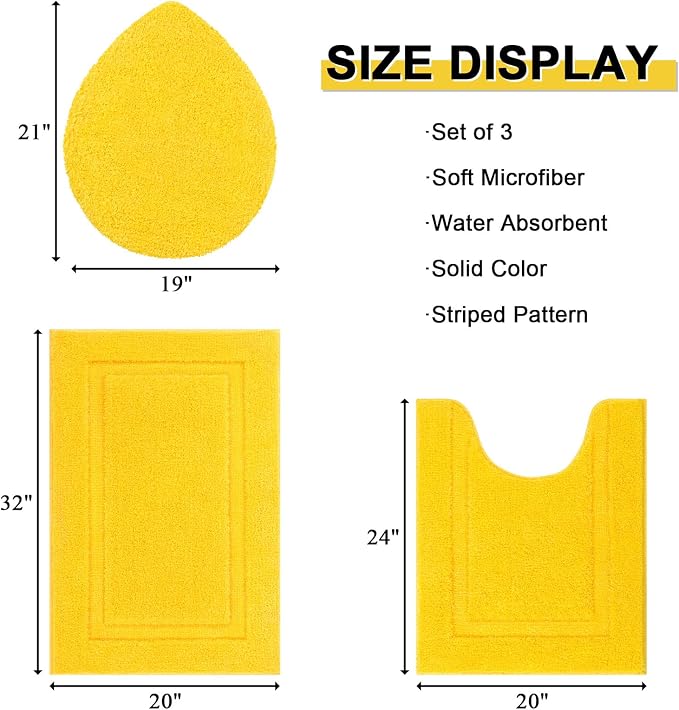 SHACOS Bathroom Rugs Set with Toilet Lid Cover | 20"x32" Bath Mats 19"x21" Toilet Lid Cover 20"x24" U Shape Contour Mat Extra Soft Absorbent Non Slip Bathroom Carpet (Yellow)