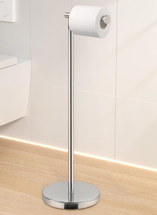 KES Toilet Paper Holder Stand, 26" H, Polished, T304 Stainless Steel | Cement-weighted base, anti-slip pad prevents scratches, universal roll compatibility, 1-min assembly, no drilling.