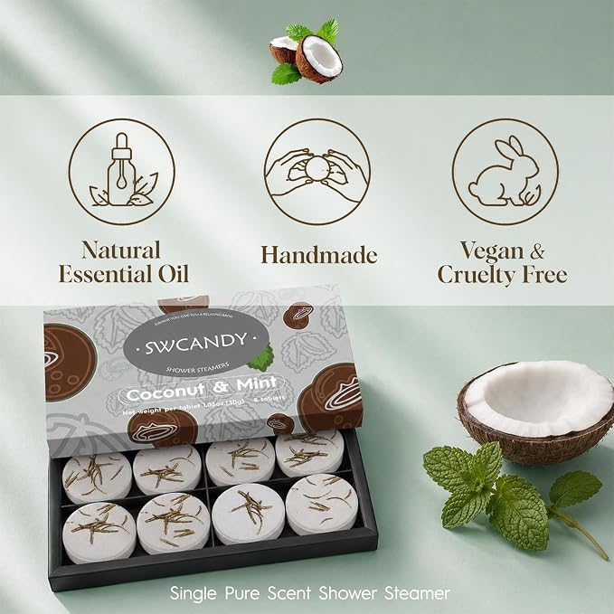 SWCANDY Coconut & Mint Shower Steamers 8 Pack, Home Spa Self Care | Fresh tropical aromatherapy with natural essential oils, shower gift for women, men, wife & husband.